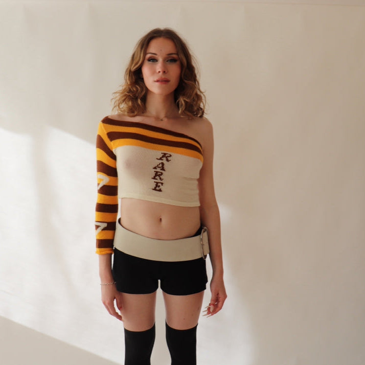 'Rare' One Shoulder Long Sleeve - Brown/Yellow/White