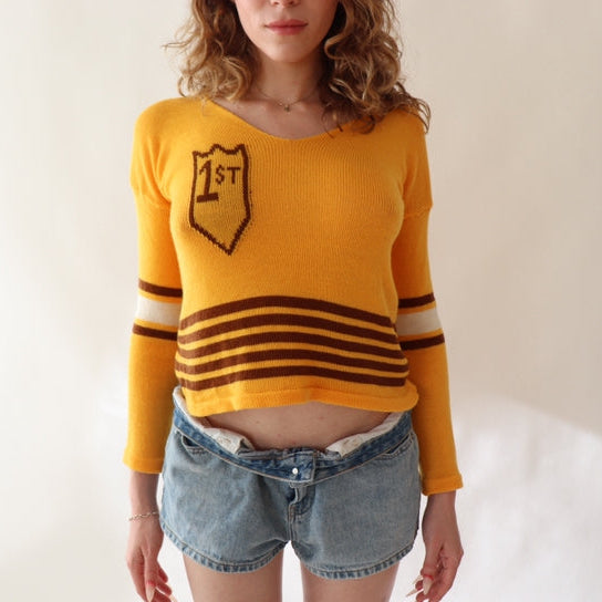 'First' Varsity Stripe Long Sleeve -Yellow/Brown/White